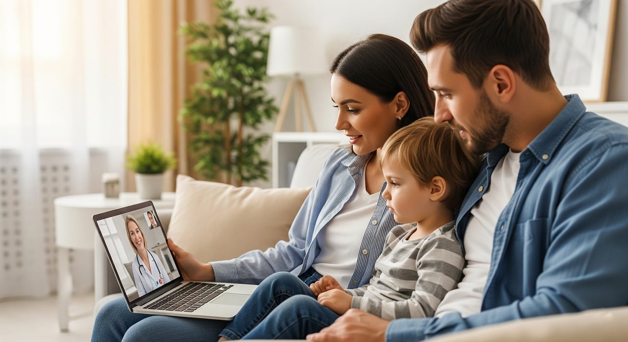 A family at home using the internet together